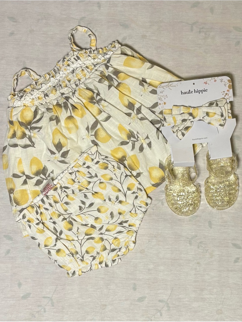 Haute Hippie Yellow Lemon Print Baby Set with Bow & Glitter Sandals